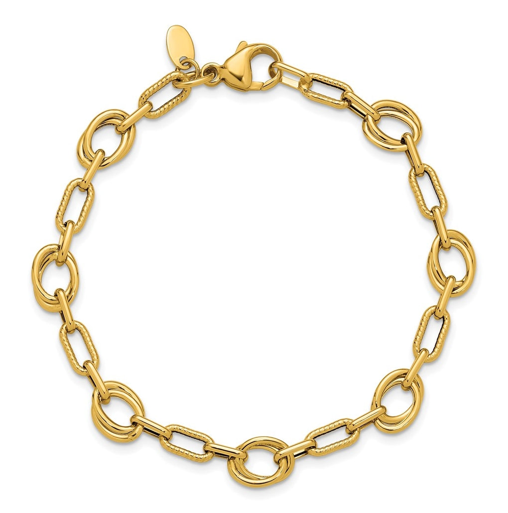 14k Yellow Gold Polished and Textured Fancy Link Bracelet