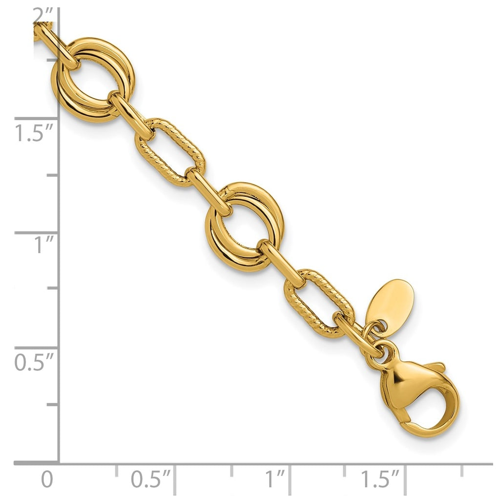 14k Yellow Gold Polished and Textured Fancy Link Bracelet