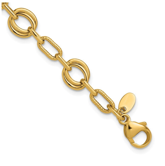 14k Yellow Gold Polished and Textured Fancy Link Bracelet