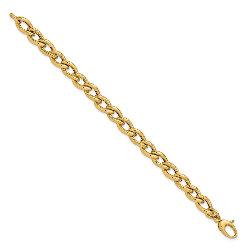 14k Yellow Gold Polished and Textured Fancy Link Bracelet