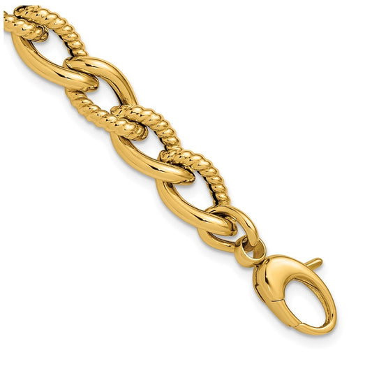 14k Yellow Gold Polished and Textured Fancy Link Bracelet