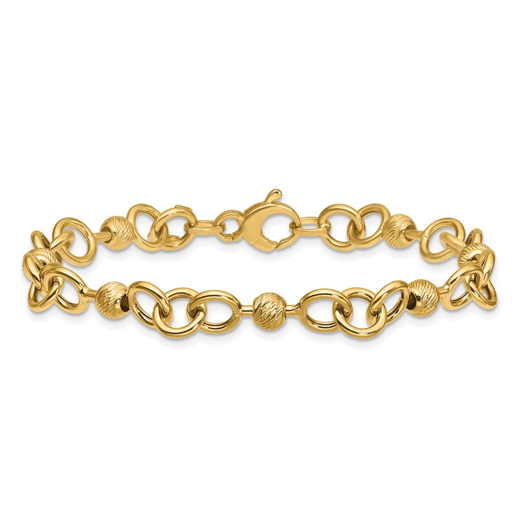 14k Yellow Gold Polished and Circles with D/C Beads Fancy Bracelet