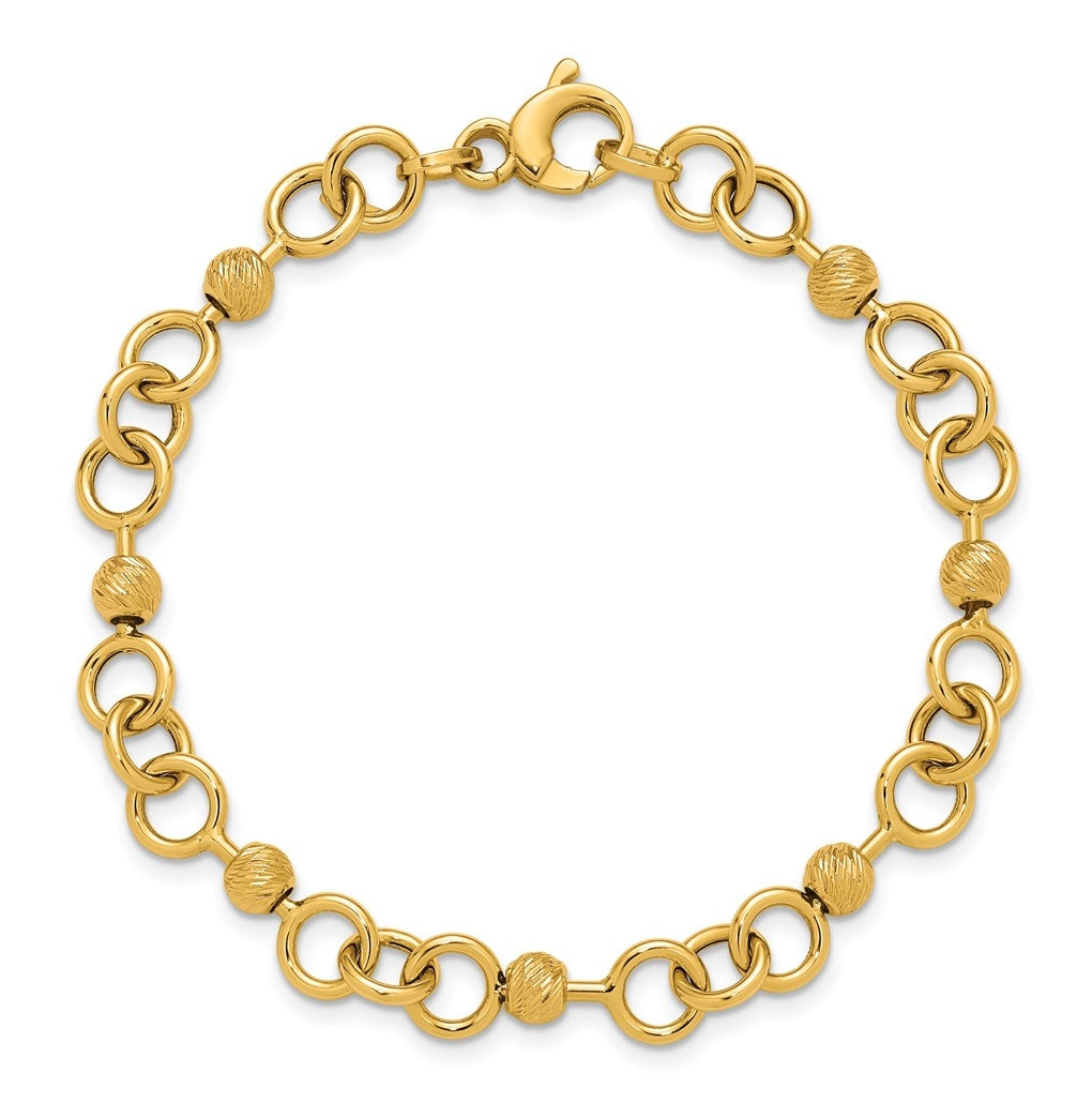 14k Yellow Gold Polished and Circles with D/C Beads Fancy Bracelet