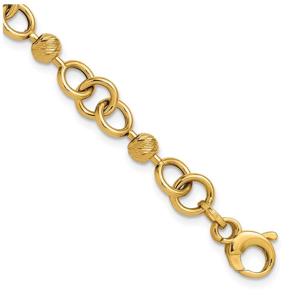 14k Yellow Gold Polished and Circles with D/C Beads Fancy Bracelet