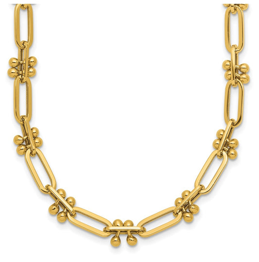 14k Yellow Gold Polished Paperclip and Beaded Fancy Necklace