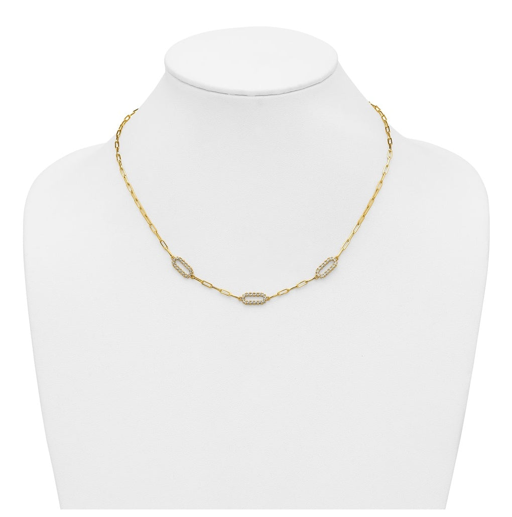 14k Yellow Gold w/White Rhodium Polished and Dia-cut Paperclip Fancy Necklace