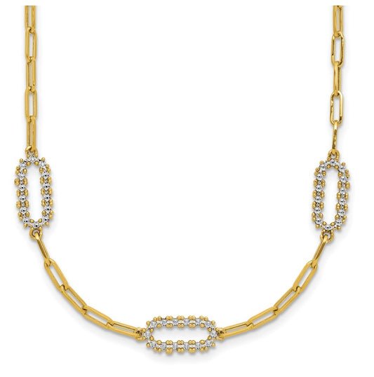 14k Yellow Gold w/White Rhodium Polished and Dia-cut Paperclip Fancy Necklace