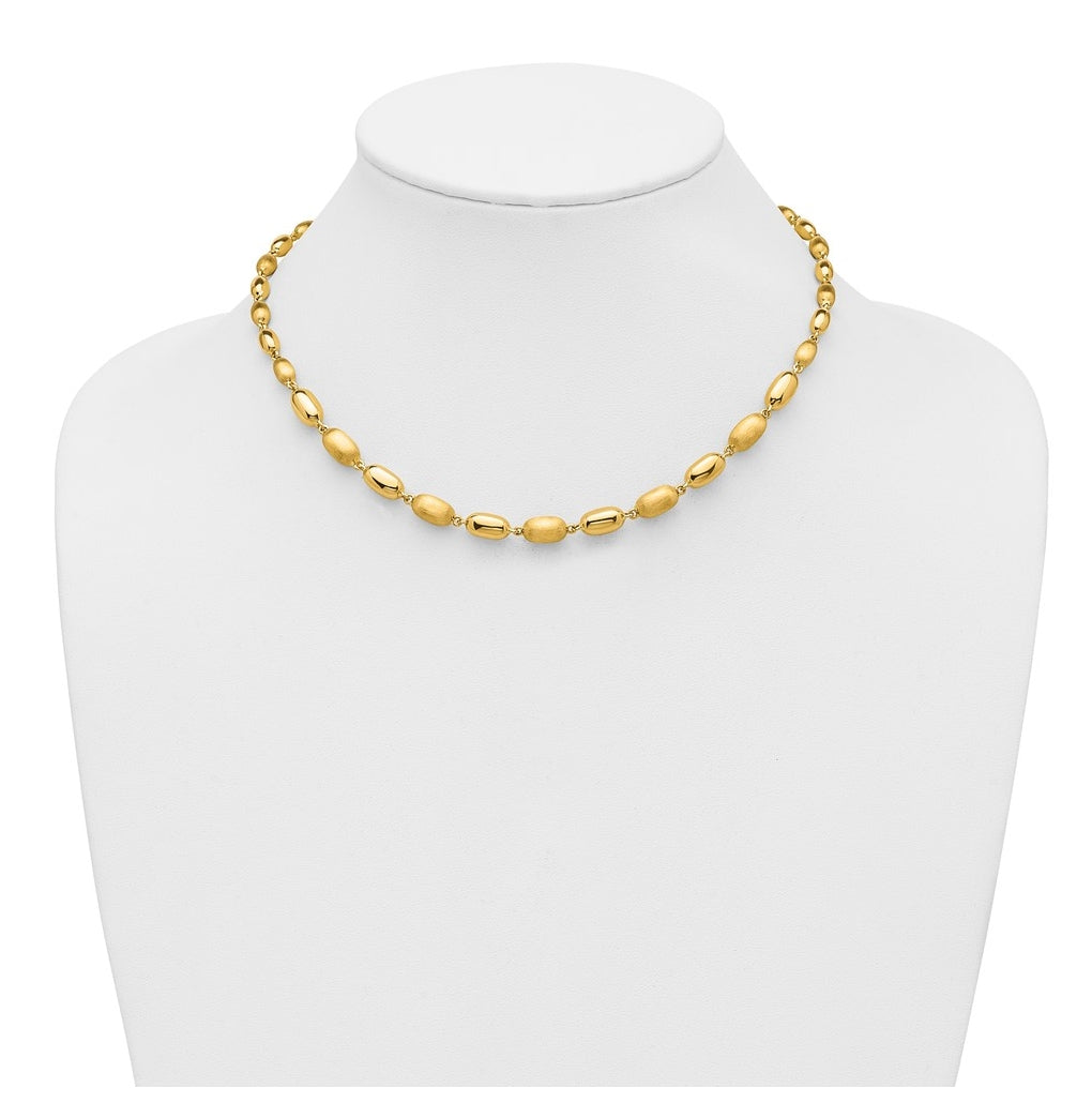 14k Yellow Gold Polished and Brushed Oval Beaded Link Necklace