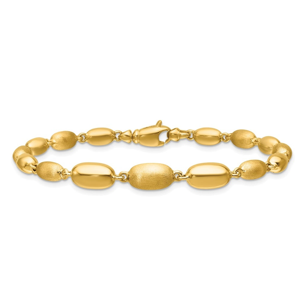 14k Yellow Gold Polished and Brushed Oval Beaded Link Bracelet