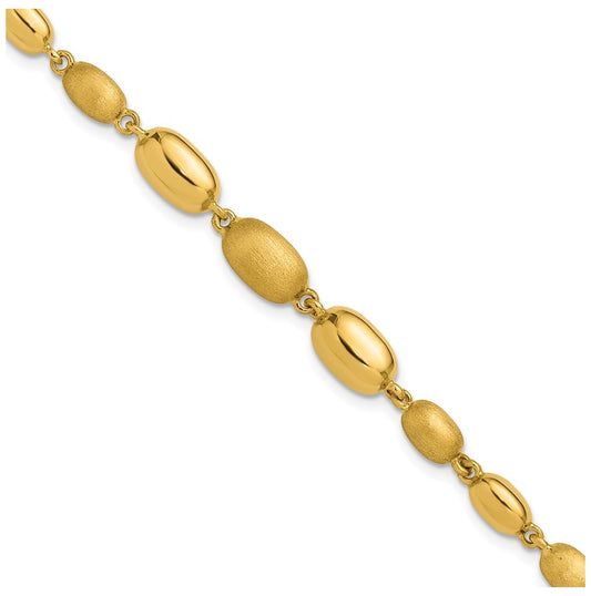 14k Yellow Gold Polished and Brushed Oval Beaded Link Bracelet