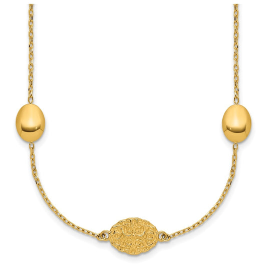 14k Yellow Gold Polished Oval Textured w/.2in Ext. Fancy Necklace