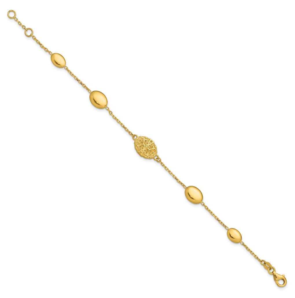 14k Yellow Gold Polished Oval Textured w/.5in Ext. Fancy Bracelet