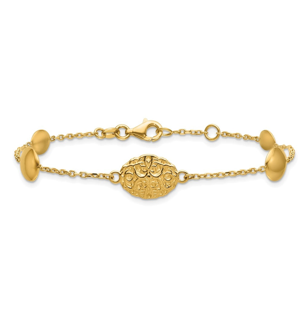 14k Yellow Gold Polished Oval Textured w/.5in Ext. Fancy Bracelet