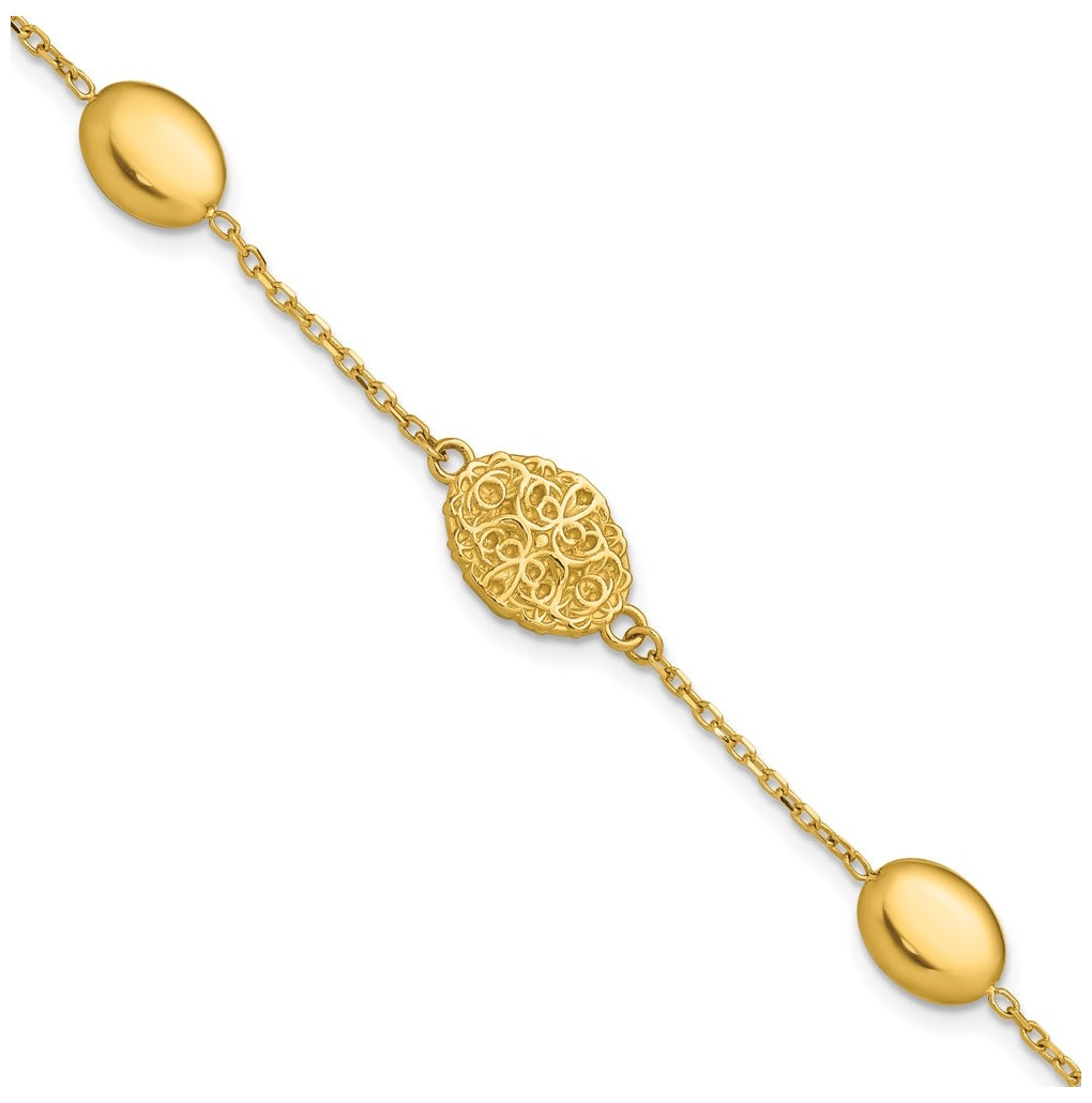 14k Yellow Gold Polished Oval Textured w/.5in Ext. Fancy Bracelet