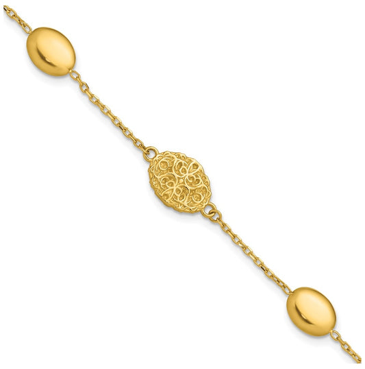 14k Yellow Gold Polished Oval Textured w/.5in Ext. Fancy Bracelet