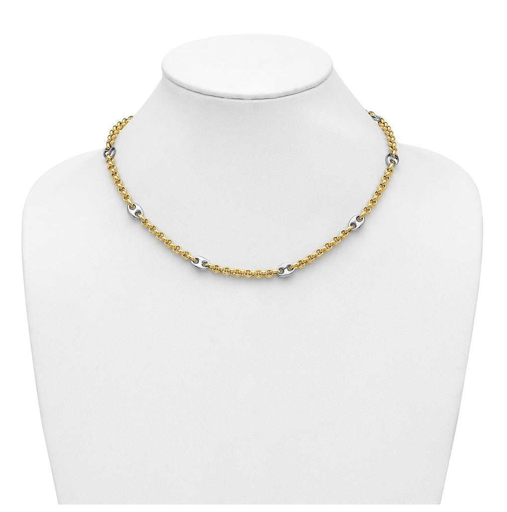 14K Two-tone Polished Fancy Puffed Mariner Link Necklace