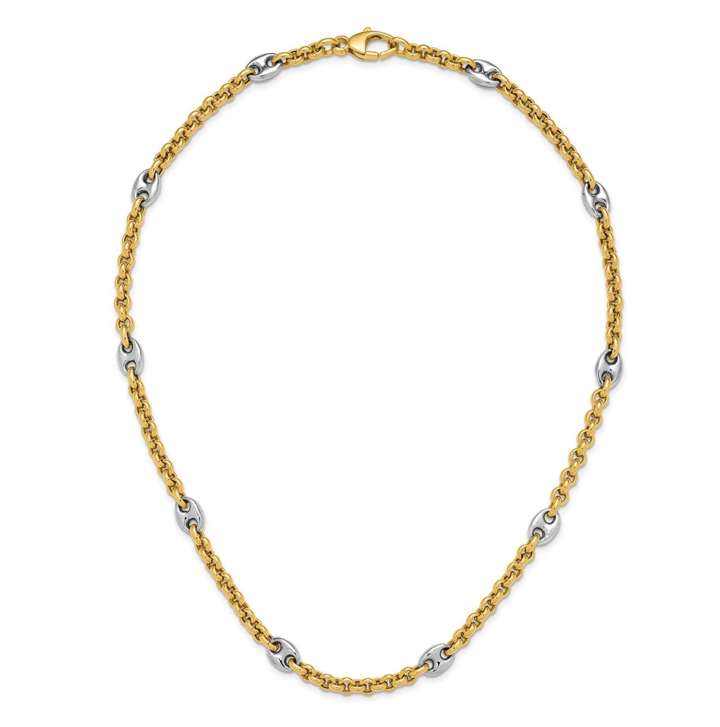 14K Two-tone Polished Fancy Puffed Mariner Link Necklace