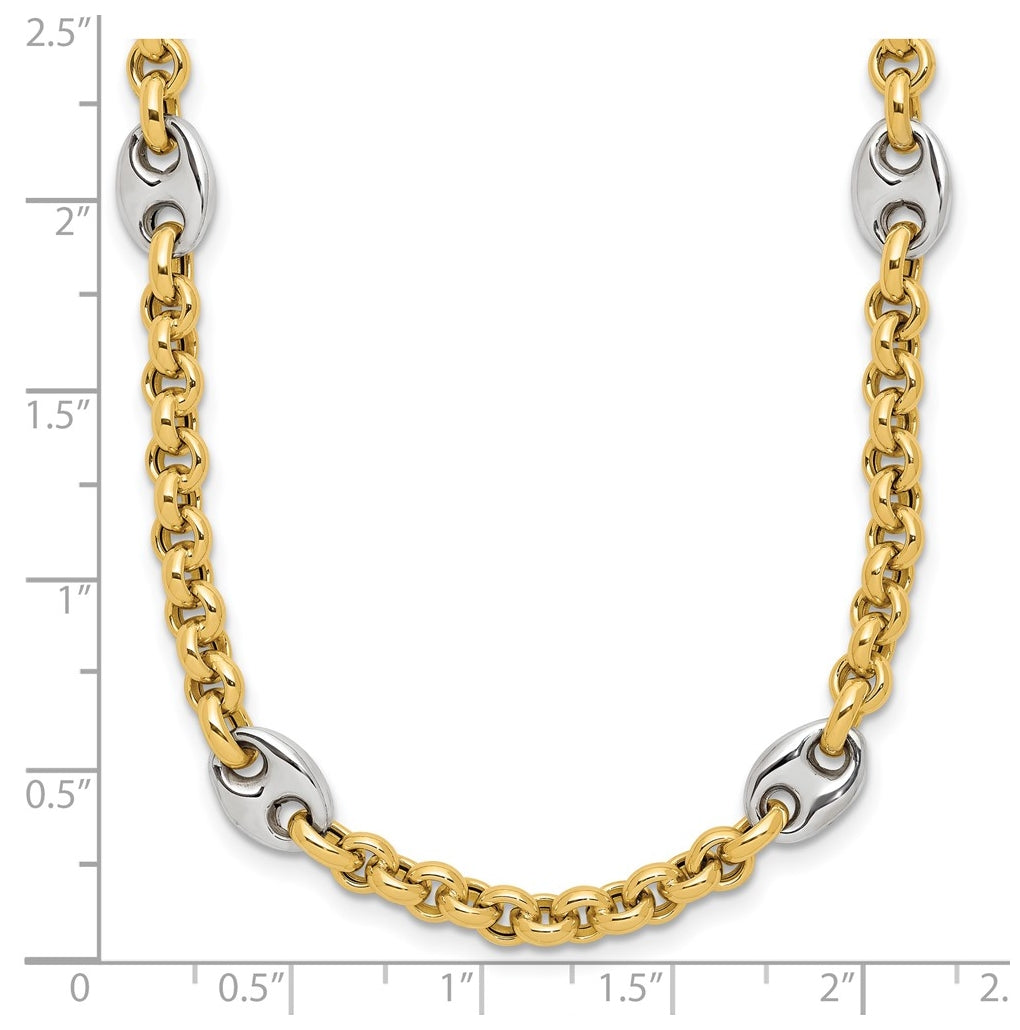 14K Two-tone Polished Fancy Puffed Mariner Link Necklace