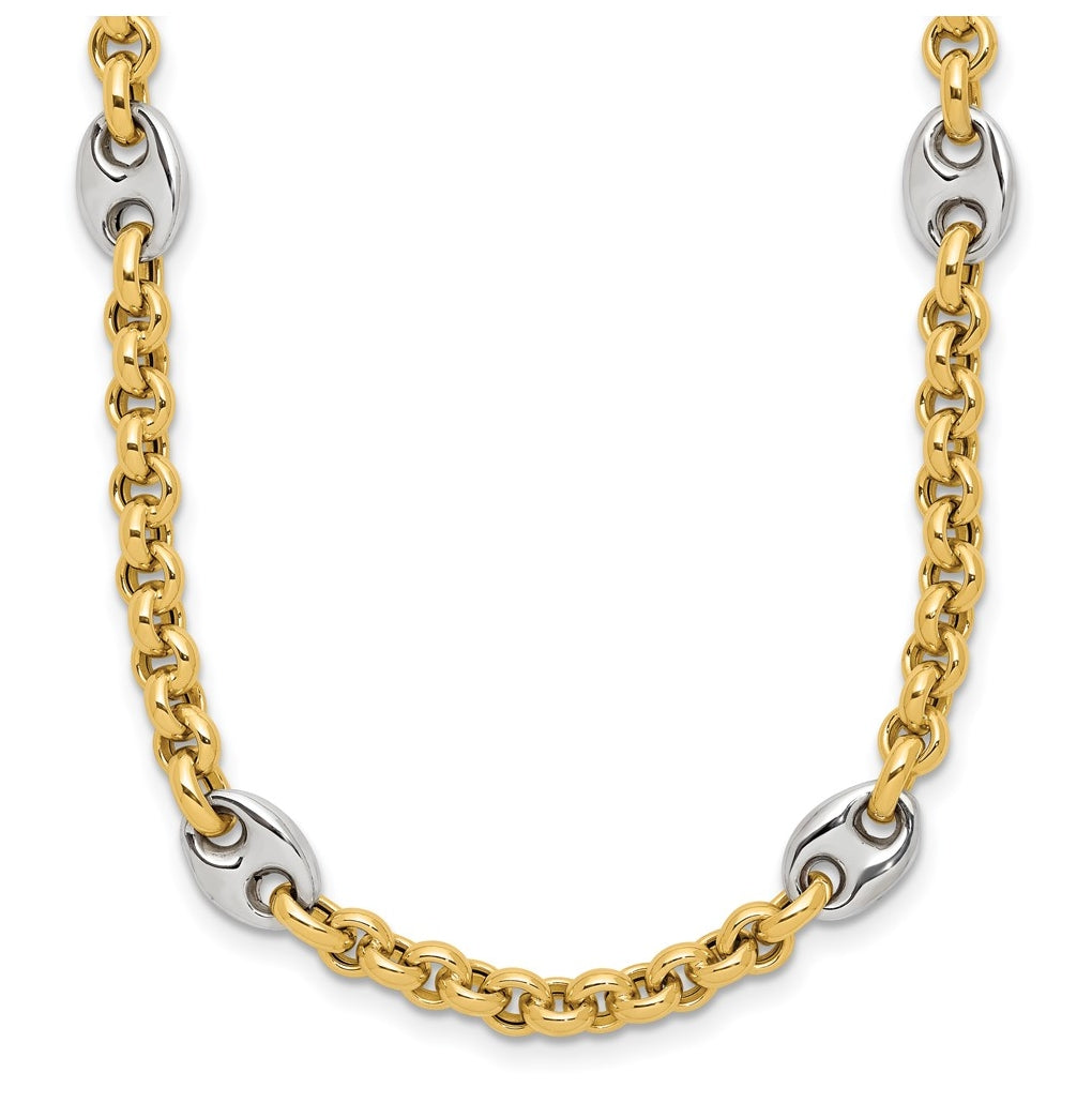 14K Two-tone Polished Fancy Puffed Mariner Link Necklace