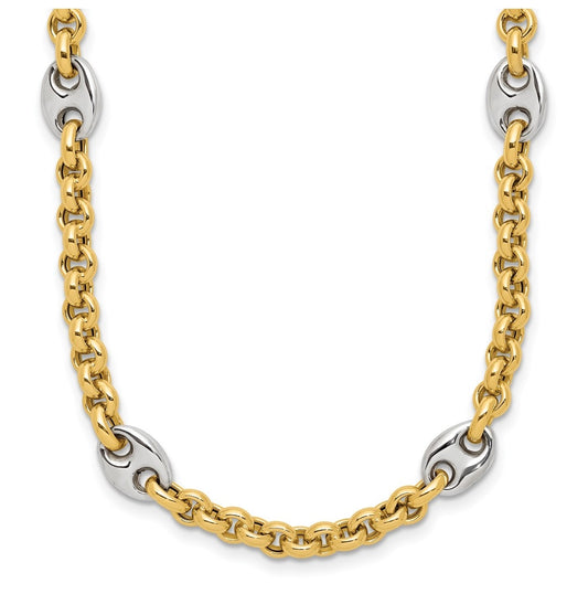 14K Two-tone Polished Fancy Puffed Mariner Link Necklace