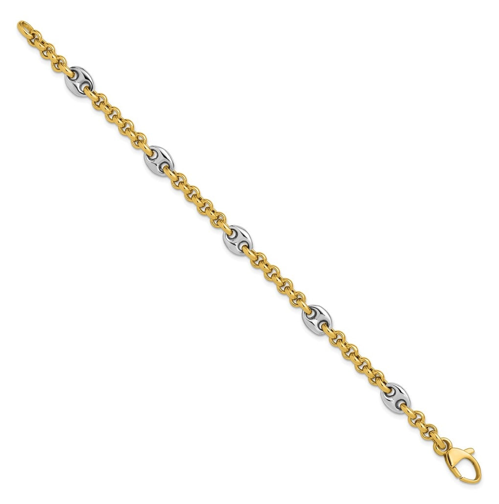 14K Two-tone Polished Fancy Puffed Mariner Link Bracelet
