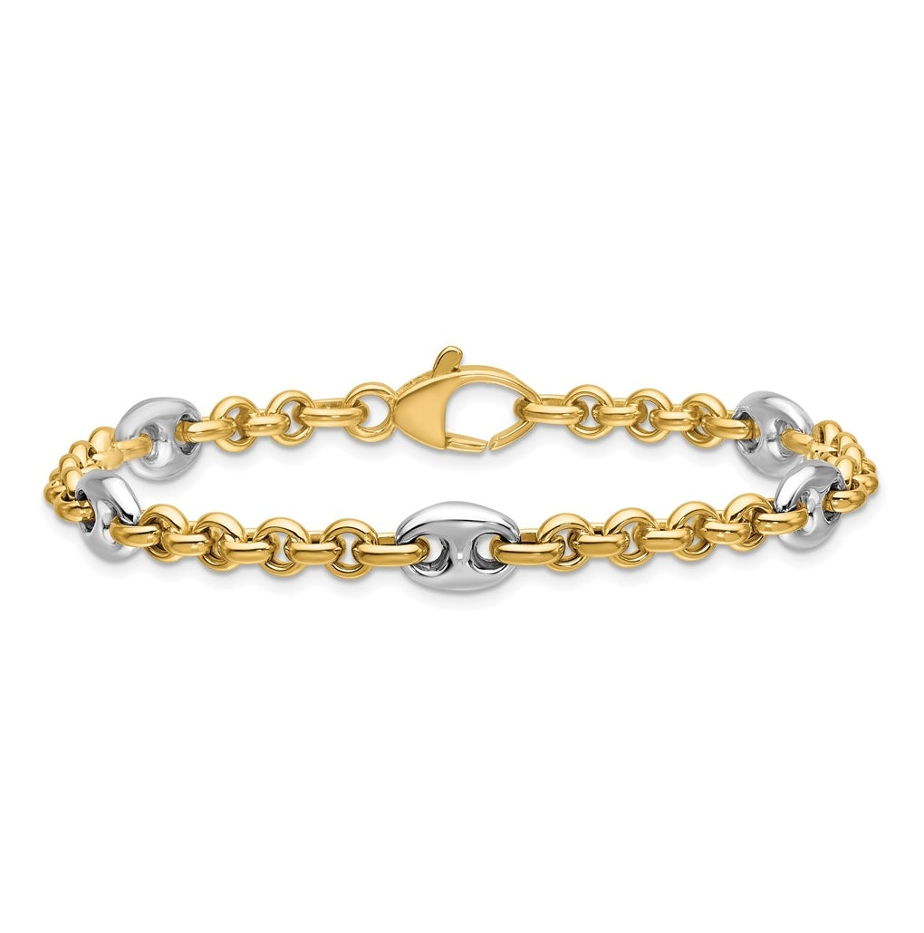 14K Two-tone Polished Fancy Puffed Mariner Link Bracelet