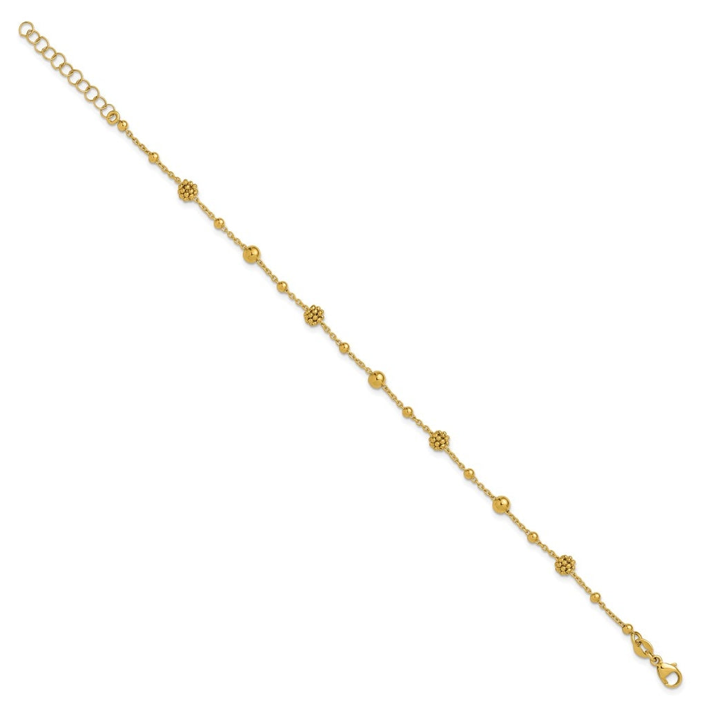 14k Yellow Gold Polished Dia-cut Beaded w/ 1in ext. Bracelet