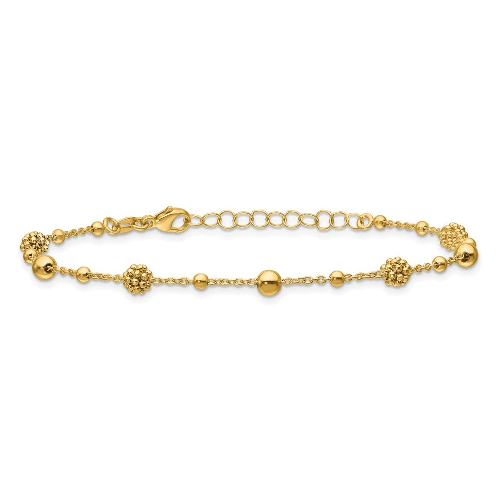 14k Yellow Gold Polished Dia-cut Beaded w/ 1in ext. Bracelet