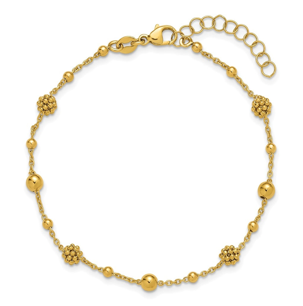 14k Yellow Gold Polished Dia-cut Beaded w/ 1in ext. Bracelet
