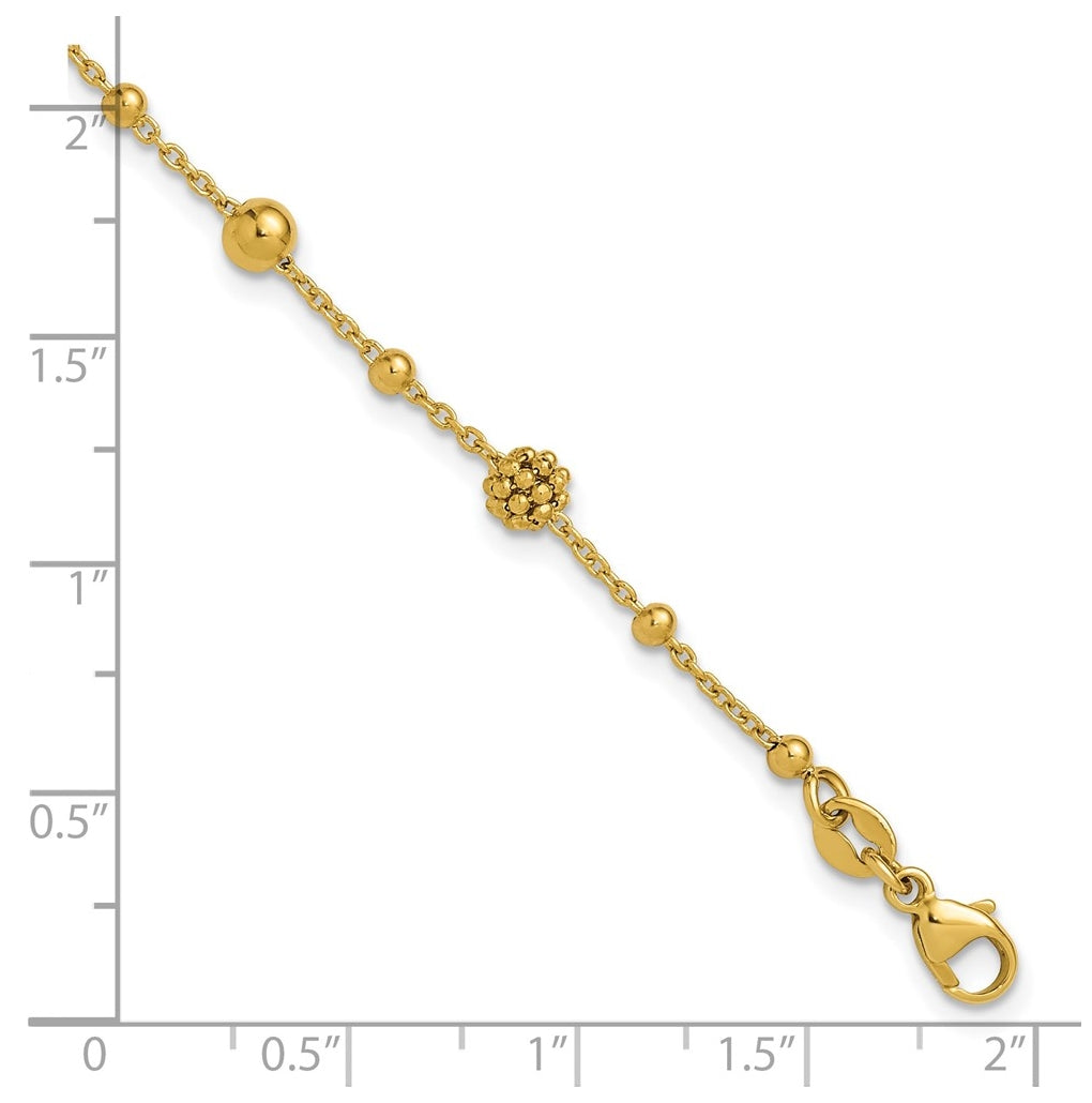 14k Yellow Gold Polished Dia-cut Beaded w/ 1in ext. Bracelet