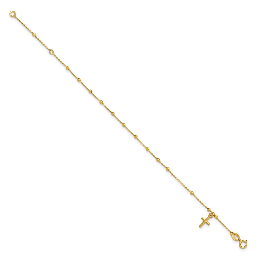 14k Yellow Gold Polished Beaded Cross w/.5in ext. Rosary Bracelet