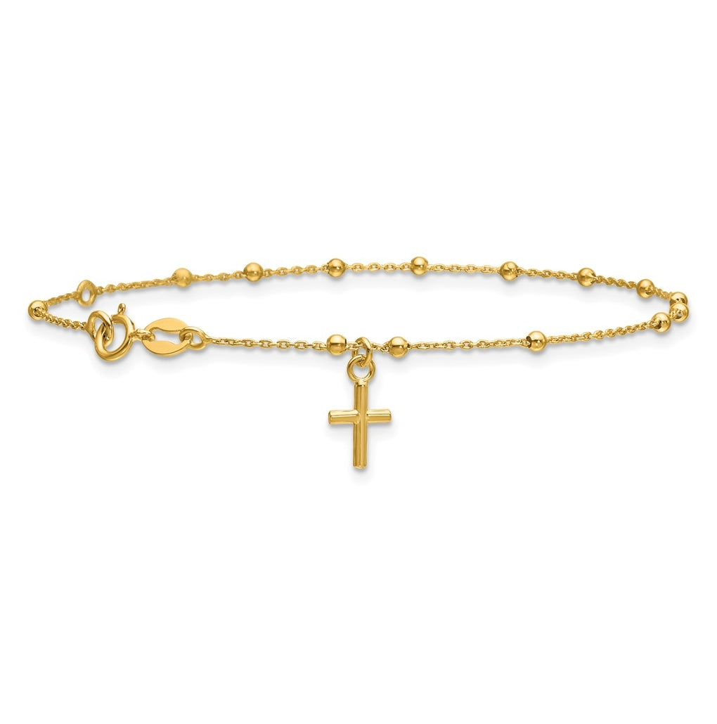 14k Yellow Gold Polished Beaded Cross w/.5in ext. Rosary Bracelet
