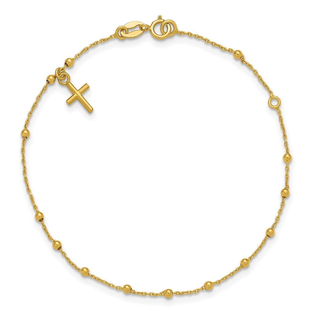 14k Yellow Gold Polished Beaded Cross w/.5in ext. Rosary Bracelet