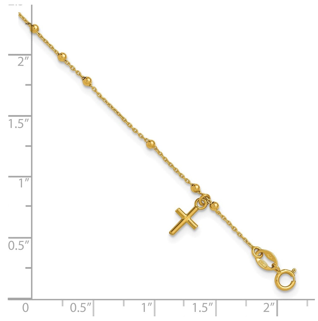 14k Yellow Gold Polished Beaded Cross w/.5in ext. Rosary Bracelet