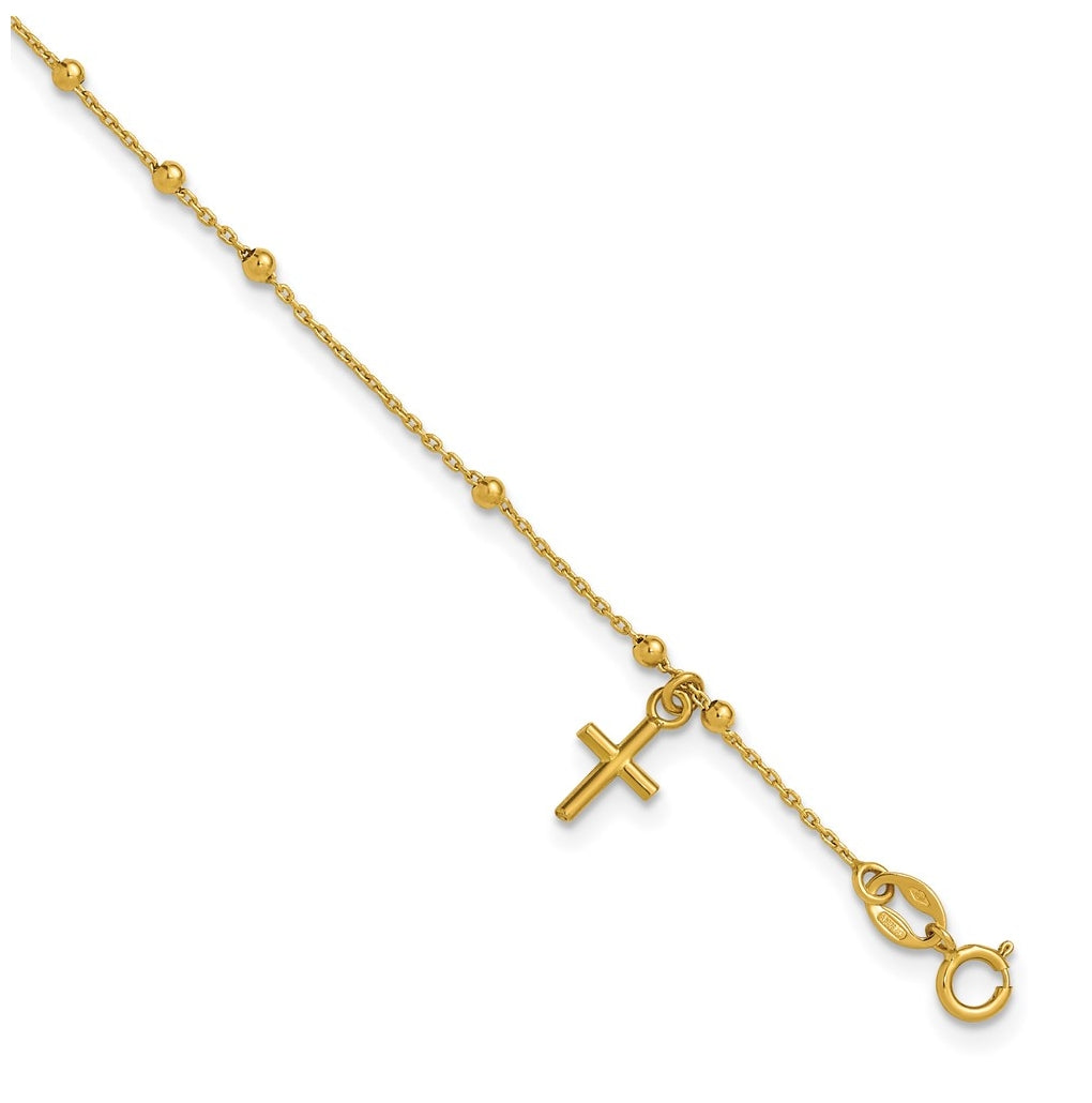 14k Yellow Gold Polished Beaded Cross w/.5in ext. Rosary Bracelet