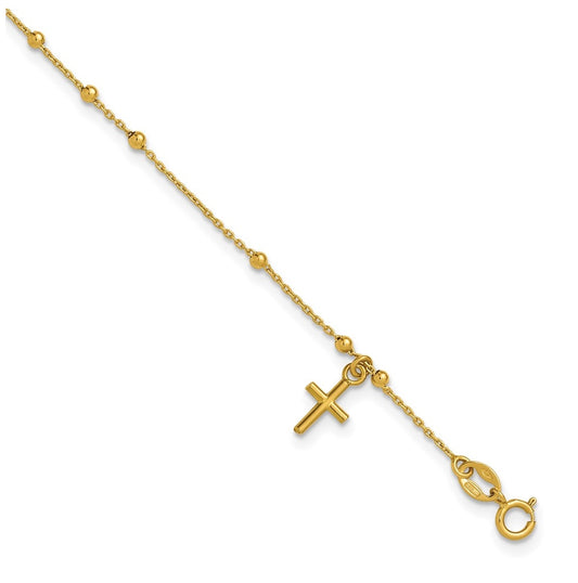 14k Yellow Gold Polished Beaded Cross w/.5in ext. Rosary Bracelet