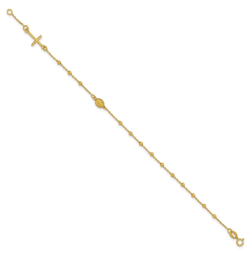 14k Yellow Gold Polished Beaded Cross w/.5in ext. Rosary Bracelet