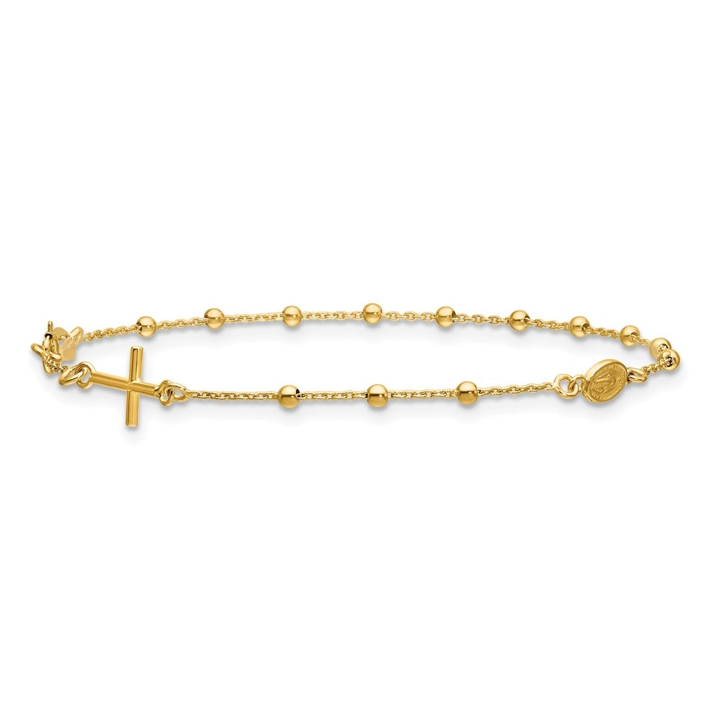 14k Yellow Gold Polished Beaded Cross w/.5in ext. Rosary Bracelet