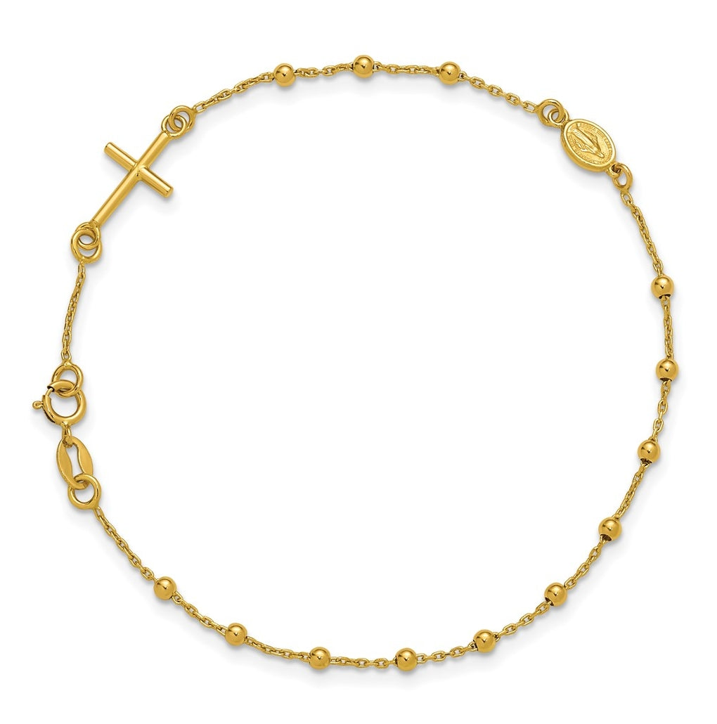 14k Yellow Gold Polished Beaded Cross w/.5in ext. Rosary Bracelet