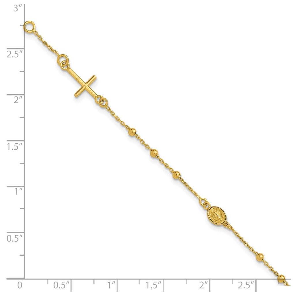 14k Yellow Gold Polished Beaded Cross w/.5in ext. Rosary Bracelet