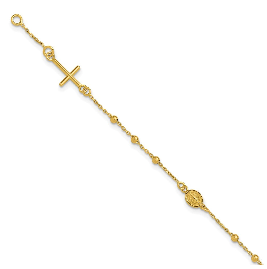 14k Yellow Gold Polished Beaded Cross w/.5in ext. Rosary Bracelet