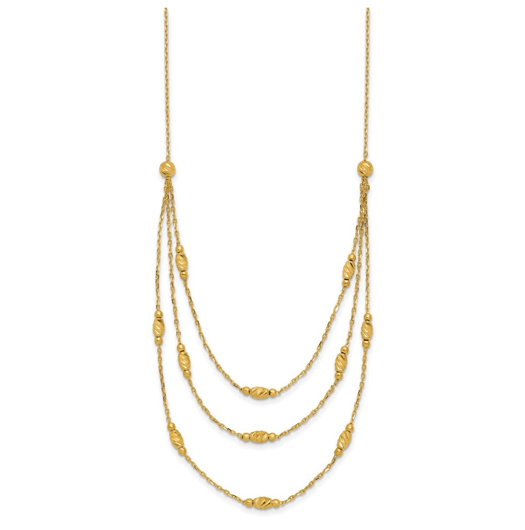 14k Yellow Gold Polished and Dia-cut Layered Beaded w/2in ext. Necklace