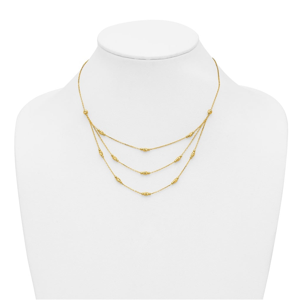 14k Yellow Gold Polished and Dia-cut Layered Beaded w/2in ext. Necklace