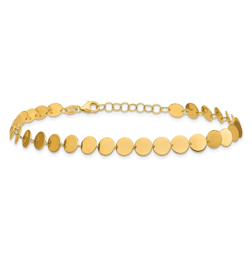 14k Yellow Gold Polished Fancy Circle Disc w/1in ext. Bracelet