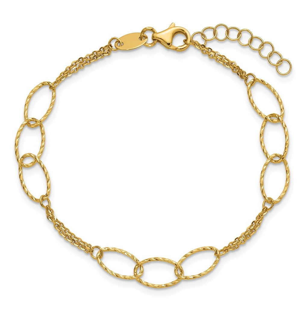14k Yellow Gold Polished Dia-cut 2-Strand Oval Links w/1in ext. Bracelet