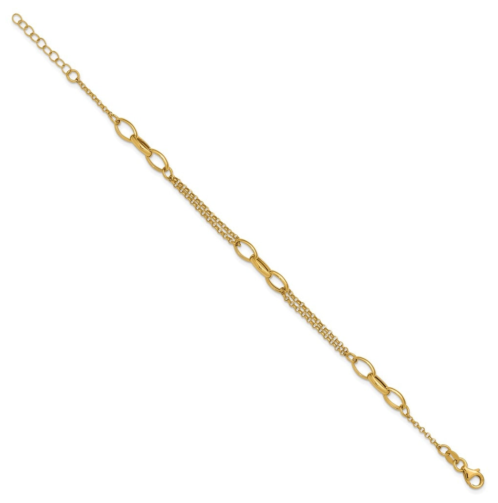 14k Yellow Gold Polished Fancy 2-Strand Oval Links w/1in ext. Bracelet