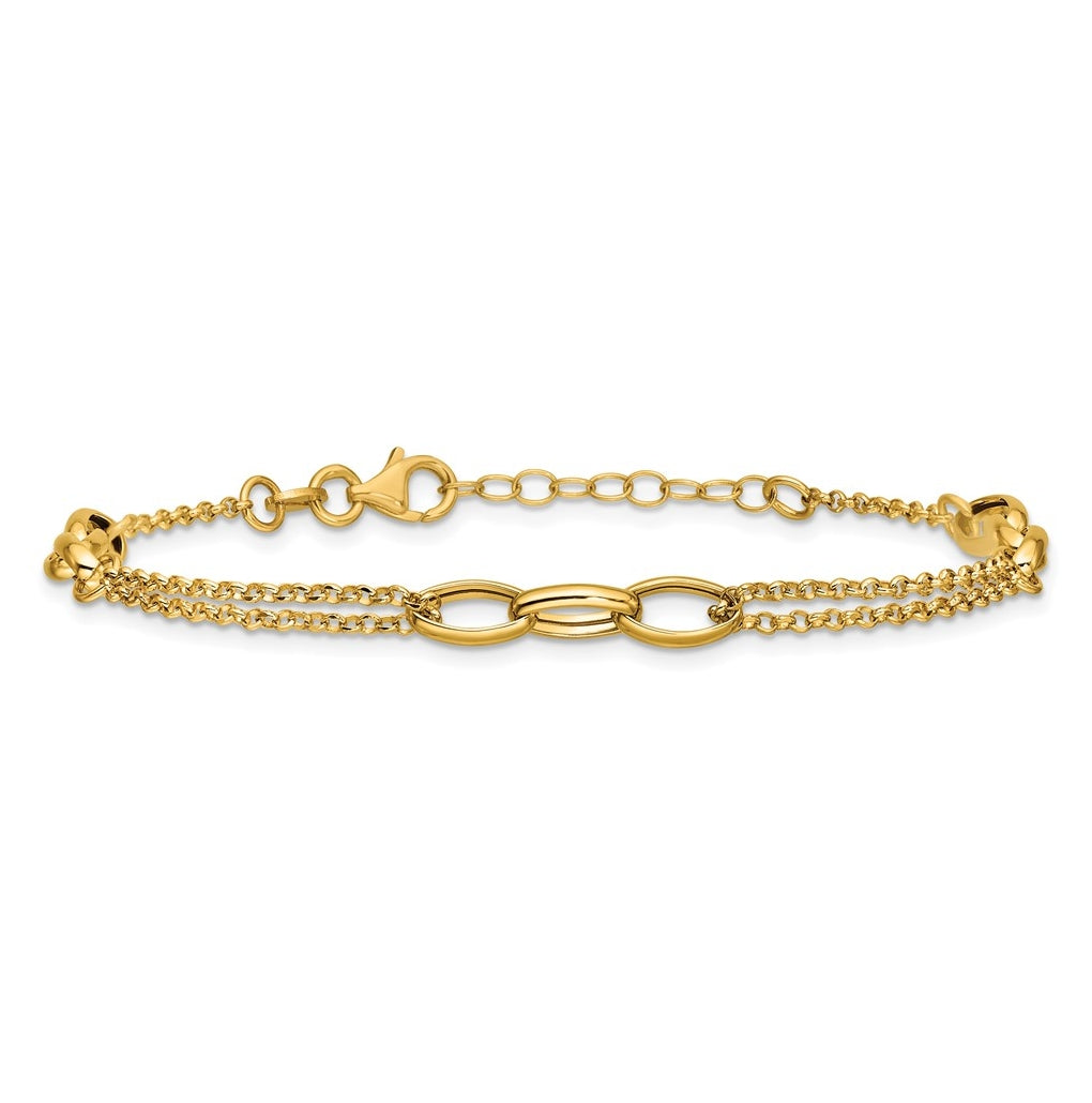 14k Yellow Gold Polished Fancy 2-Strand Oval Links w/1in ext. Bracelet