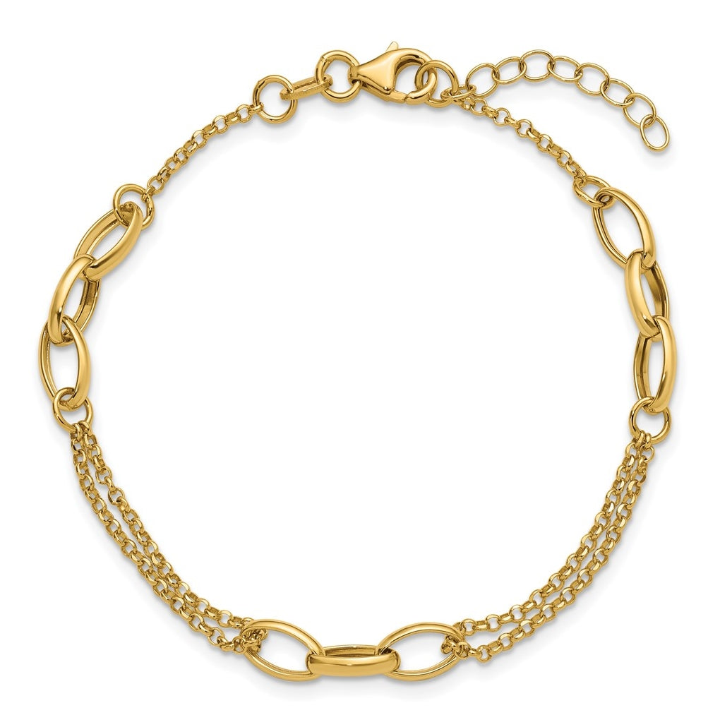 14k Yellow Gold Polished Fancy 2-Strand Oval Links w/1in ext. Bracelet