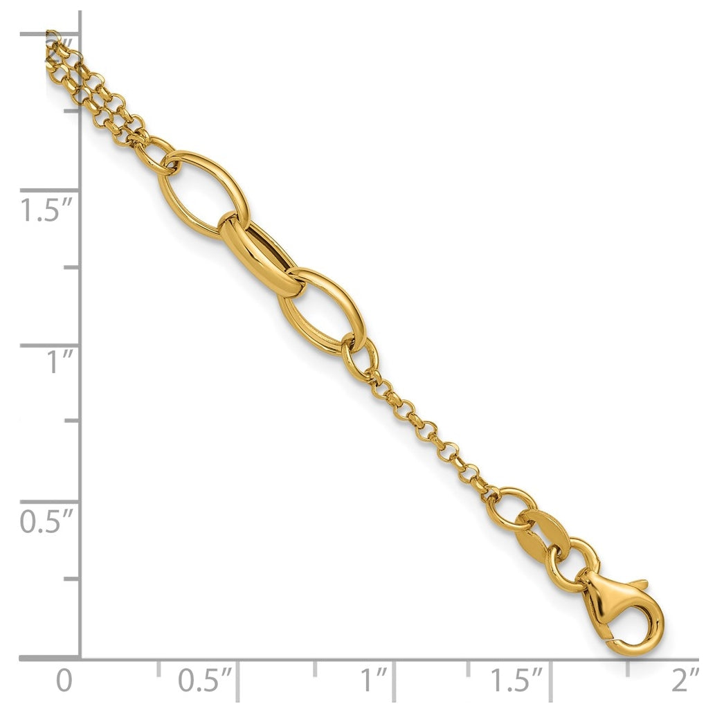 14k Yellow Gold Polished Fancy 2-Strand Oval Links w/1in ext. Bracelet