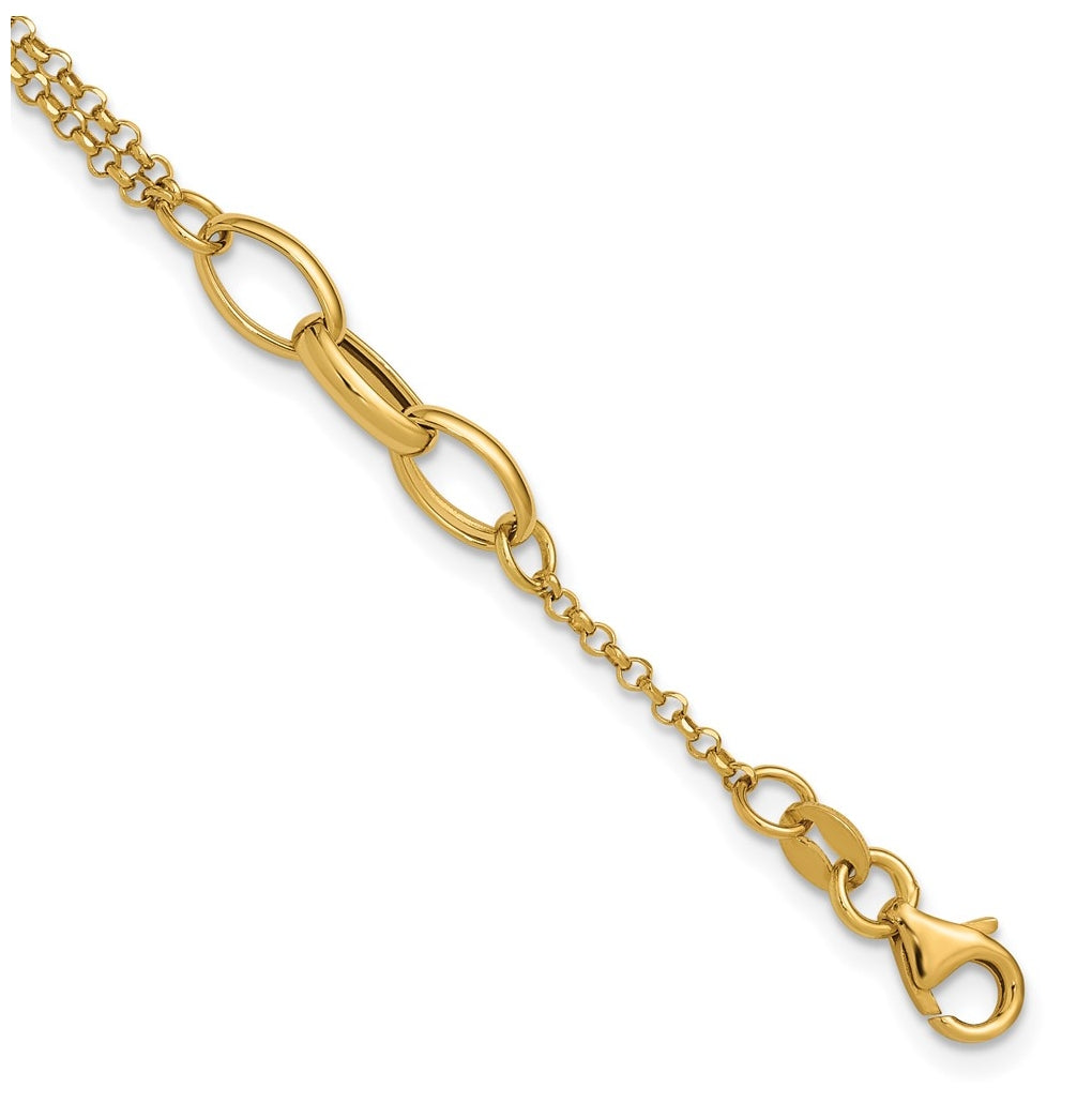 14k Yellow Gold Polished Fancy 2-Strand Oval Links w/1in ext. Bracelet